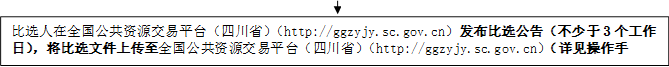 比选人在全国公共资源交易平台（四川省）（http://ggzyjy.sc.gov.cn）发布比选公告（不少于3个工作日），将比选文件上传至全国公共资源交易平台（四川省）（http://ggzyjy.sc.gov.cn）（详见操作手册）。

